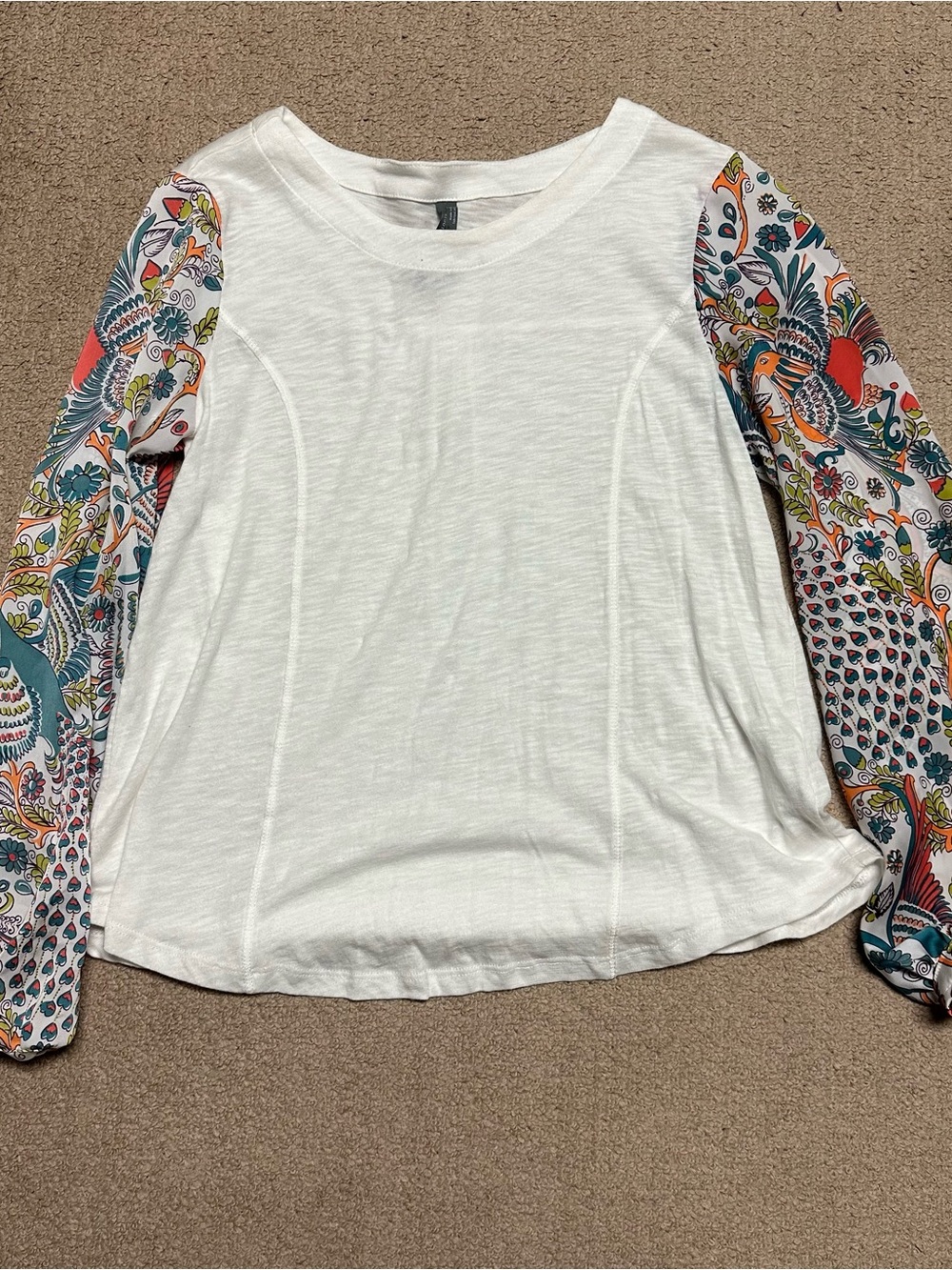 Anthropologie White Tee with Multicolor Floral Print Long Sleeves